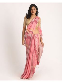 Angoshobha - Pink Traditional Handloom Stripes Linen Saree with Unstitched Blouse