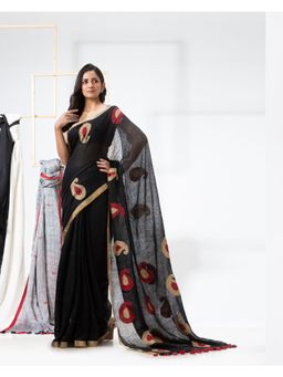 Angoshobha - Black Traditional Handloom Linen Jamdani Saree with Unstitched Blouse