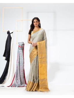 Angoshobha - Grey Traditional Handloom Linen Saree with Unstitched Blouse