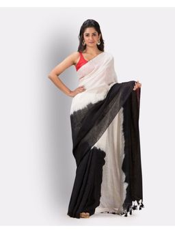 Angoshobha - White & Black Traditional Handloom Linen Saree with Unstitched Blouse