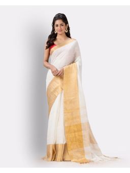 Angoshobha - White Traditional Handloom Linen Saree with Unstitched Blouse