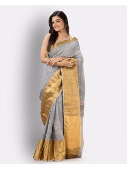 Angoshobha - Grey Traditional Handloom Linen Saree with Unstitched Blouse