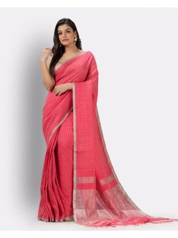 Angoshobha - Pink Handloom Linen Saree with Unstitched Blouse