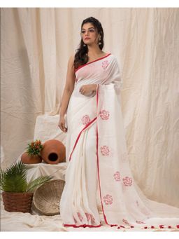 Angoshobha - Traditional White Linen Jamdani Saree with Unstitched Blouse