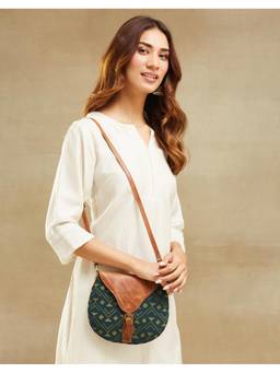 Fabindia - Women Teal Geometric Sling Bag with Detachable Strap