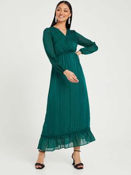 Styli - Green Long Sleeves V Neck A-line Maxi Dress