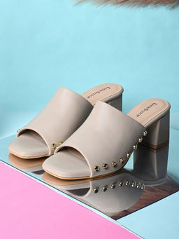 Louis Stitch - Women Beige Block Heel Side Studs Lightweight Sandal Heels