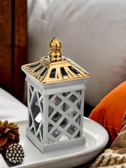 At Home by Nilkamal - Square Jali Lantern Candle Stand (Mustard & Grey)