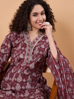 Gahan - Cotton Printed Embellished Embroidered Maroon Kurta Pant with Dupatta (Set of 3)