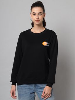 Griffel - Women Black Basic Solid Cotton Fleece Regular Fit Round Neck Sweatshirt