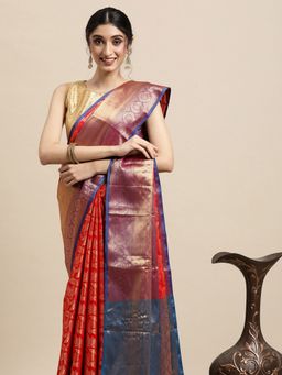 Vastranand - Red & Gold-Toned Woven Design Zari Silk Blend Kanjeevaram Saree with Unstitched Blouse