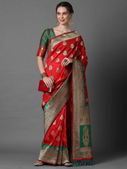 Odette - Red & Green Festive Silk Blend Woven Design Saree with Unstitched Blouse