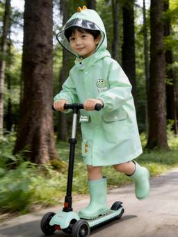 Little Surprise Box - 3D Dino Face & Tail Knee Length Raincoat