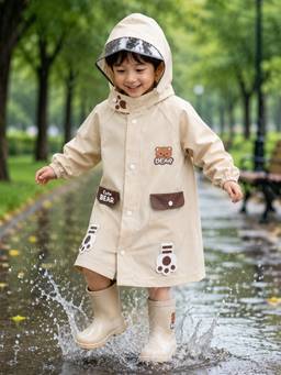 Little Surprise Box - Beige Bear 3D Paw Knee Length Raincoat