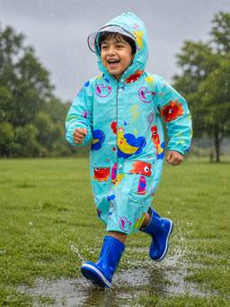 Little Surprise Box - Blue Sunshine Doodle Knee Length Raincoat
