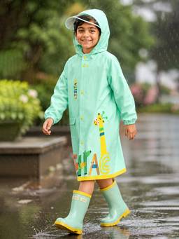 Little Surprise Box - Mint Giraffe Knee Length Raincoat