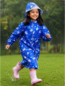 Little Surprise Box - Navy Blue Unicorn Print Knee Length Raincoat