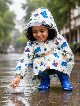 Little Surprise Box - White Dumper Construction Print Knee Length Raincoat