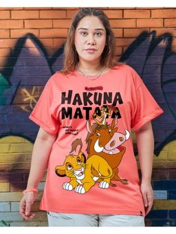 Bewakoof - Official Disney Women's Coral Pink No Worries Graphic Printed Boyfriend Plus Size T-shirt