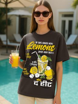 Bewakoof - Women's Chocolate Brown Lemonade Graphic Printed Oversized T-shirt