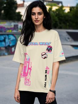 Bewakoof - Star Wars Women's Off White All Force Graphic Printed Oversized T-shirt