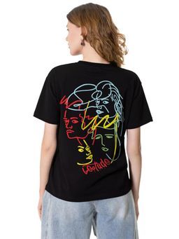 LEOTUDE - Women Face Black Oversized T-Shirt