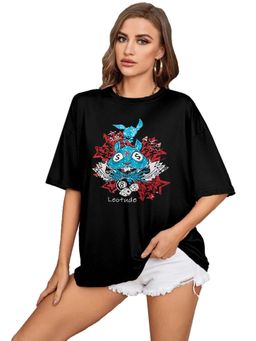 LEOTUDE - Women Rabbit Black Oversized T-Shirt