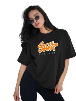LEOTUDE - Women Printed Black Oversized T-Shirt