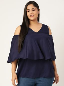 theRebelinme - Plus Size Women Navy Blue Solid Cold Shoulder Sleeves Layered Top