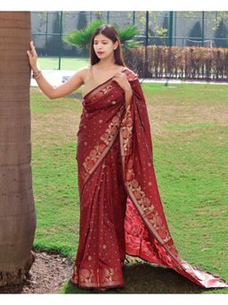 EXCLUSIVA - Maroon Woven Banarasi Saree with Unstitched Blouse