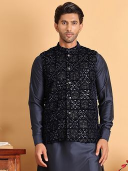 Jompers - Navy Blue Embellished Nehru Jacket for Men