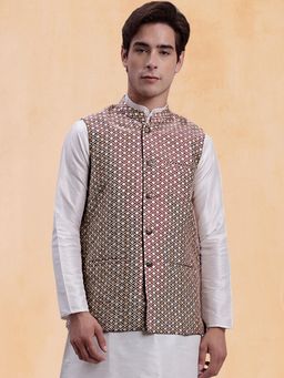 Jompers - Men Maroon Woven Design Nehru Jacket