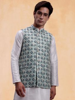 Jompers - Men Turquoise Blue Woven Design Nehru Jacket