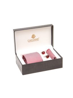 CAZZANO - Men Red Textured Tie and Pocket Square with Cufflings