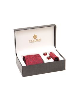 CAZZANO - Men Red Floral Tie and Pocket Square with Cufflings