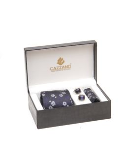 CAZZANO - Men Black Floral Tie and Pocket Square with Cufflings