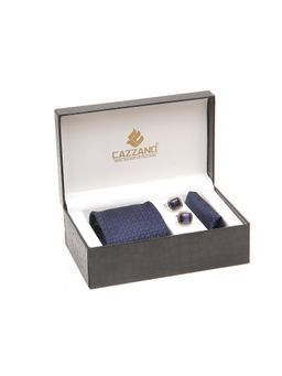 CAZZANO - Men Navy Blue Textured Tie and Pocket Square with Cufflings