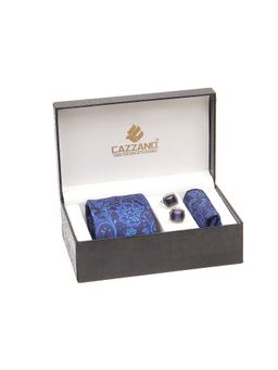 CAZZANO - Men Navy Blue Paisley Tie and Pocket Square with Cufflings
