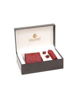 CAZZANO - Men Red Textured Tie and Pocket Square with Cufflings