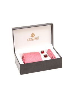 CAZZANO - Men Red Textured Tie and Pocket Square with Cufflings