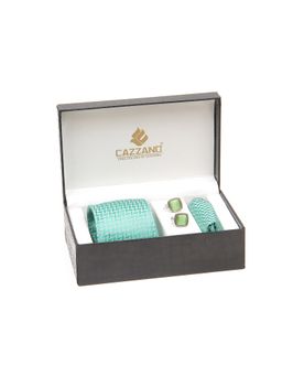 CAZZANO - Men Green Textured Tie and Pocket Square with Cufflings
