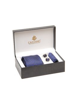 CAZZANO - Men Blue Textured Tie and Pocket Square with Cufflings