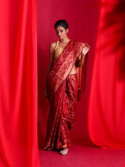 Beatitude - Red Woven Banarasi Saree with Unstitched Blouse