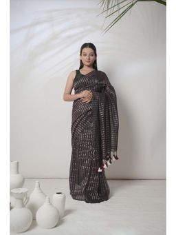 Huts and Looms - Dark Mauve and Silver Handloom Cotton Saree with Stripes