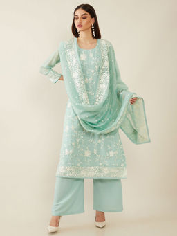 Soch - Powder Blue Machine Embroidery Organza Unstitched Dress Material - 3 Meter Kurta Fabric