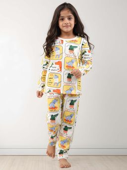 ANTHRILO - Dinosaur Stamp Girl's Long Sleeve Pyjama Set - White