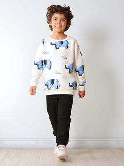 ANTHRILO - Boys Elephant Safari Printed Sweatshirt with Joggers- Off White and Black