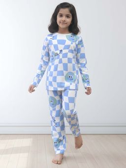 ANTHRILO - Blue Globe Check Girls Long Sleeves T-Shirt and Pyjama
