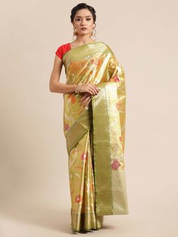 Banarasi Silk Works - Gold & Green Tissue Meena Jaal Border Saree with Unstitched Blouse