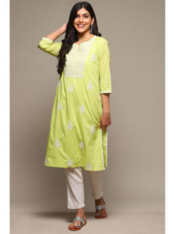 Biba - Womens Sea Green Embroidered Cotton Straight Kurta